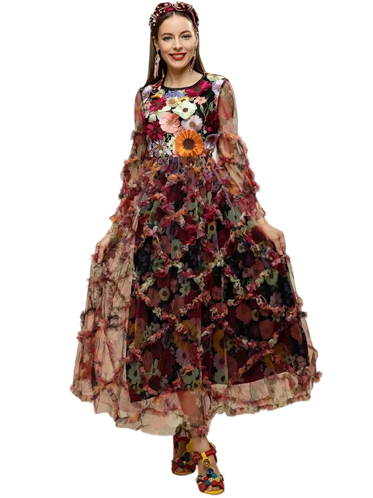 Long Sleeve Vintage Flower Embroidery Applique Elegant Party Midi Dress