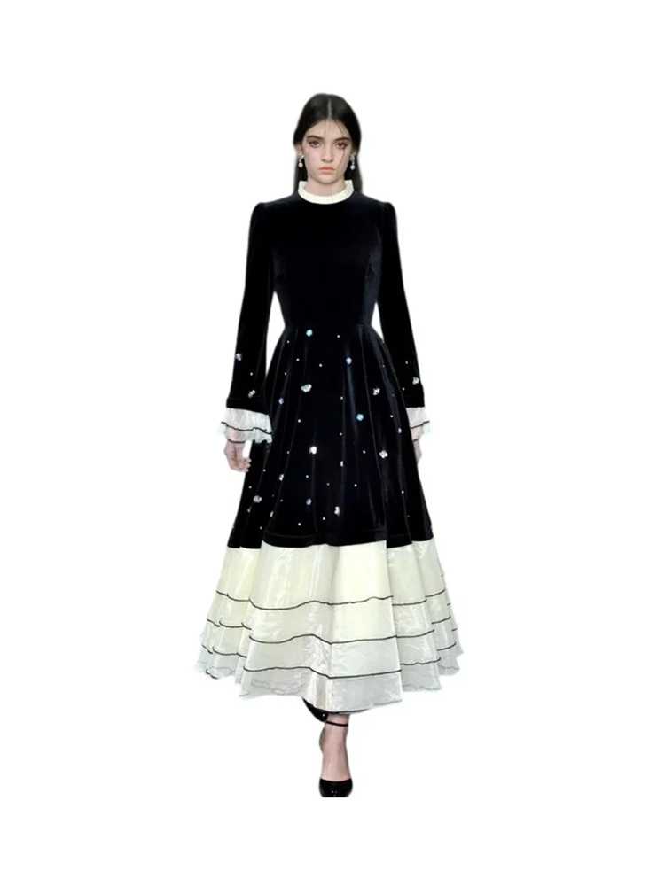Party A-line dress white stand collar trumpet sleeve high waist sequin dress