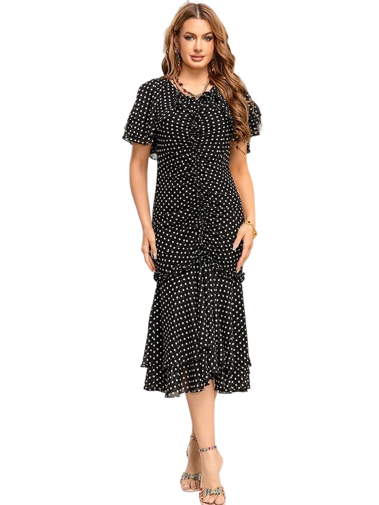V-neck ruffled polka dot dress