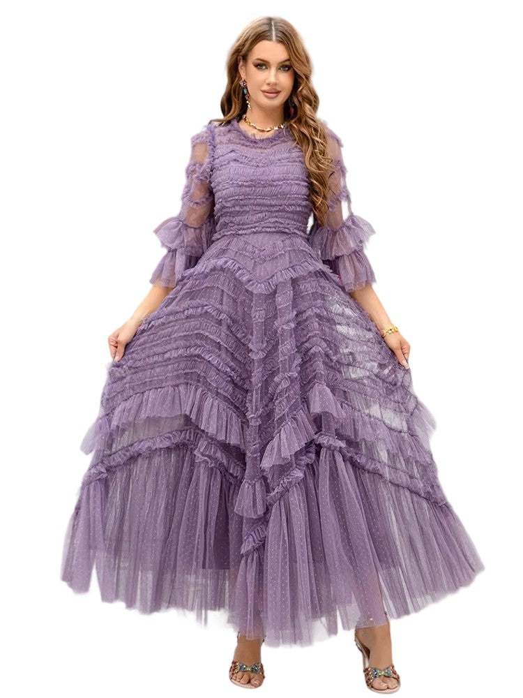 French Luxury Bell Sleeve Mesh Pendant Dress