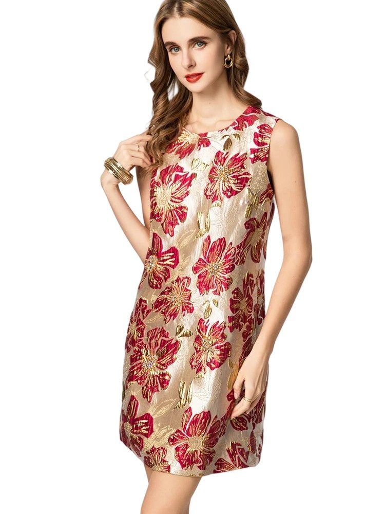Sleeveless round neck knee-length dress with appliqués