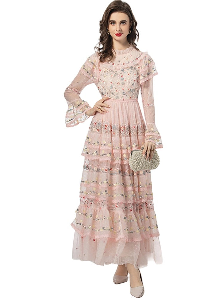 Gorgeous embroidered sequined mesh layered ruffle dress