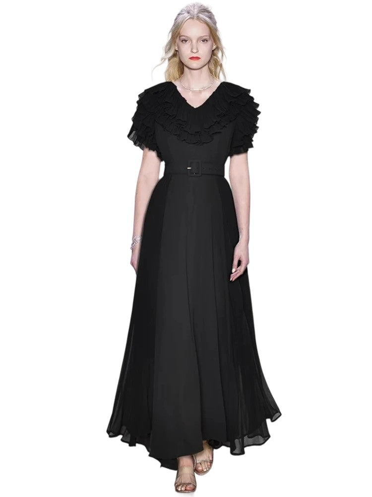 V-neck fashionable butterfly sleeve tie waist retro solid color dress