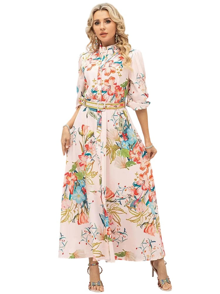 Stylish tea break retro print dress high-end unique platycodon long skirt