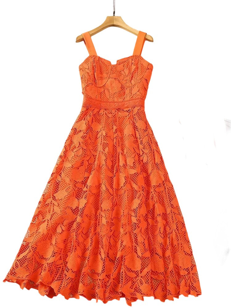 Suspender stitching embossed hollow lace dress