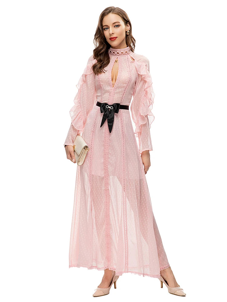 Retro Chiffon Stand Collar Hollow Bow Lace Maxi Dress