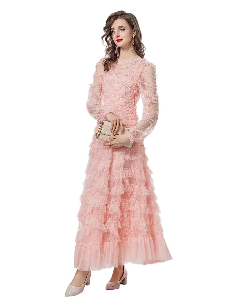 Mesh polka dot embroidered layered ruffled long dress