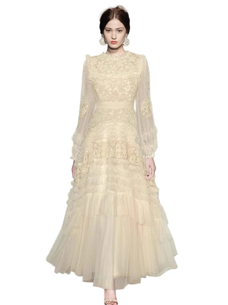 Autumn and winter long-sleeved crocheted hollow ruffled swing dress