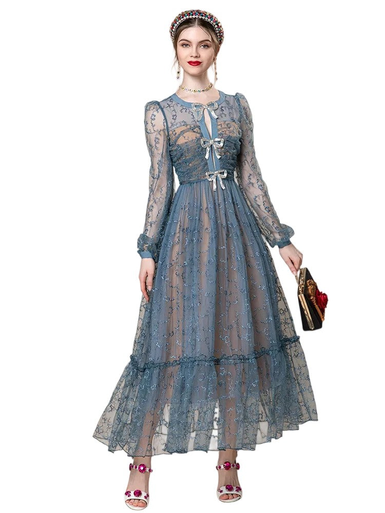 Summer Runway Designer Sexy Dress Women's Bow buckle Transparent Lace Splice Embossed hollow Draped Dress