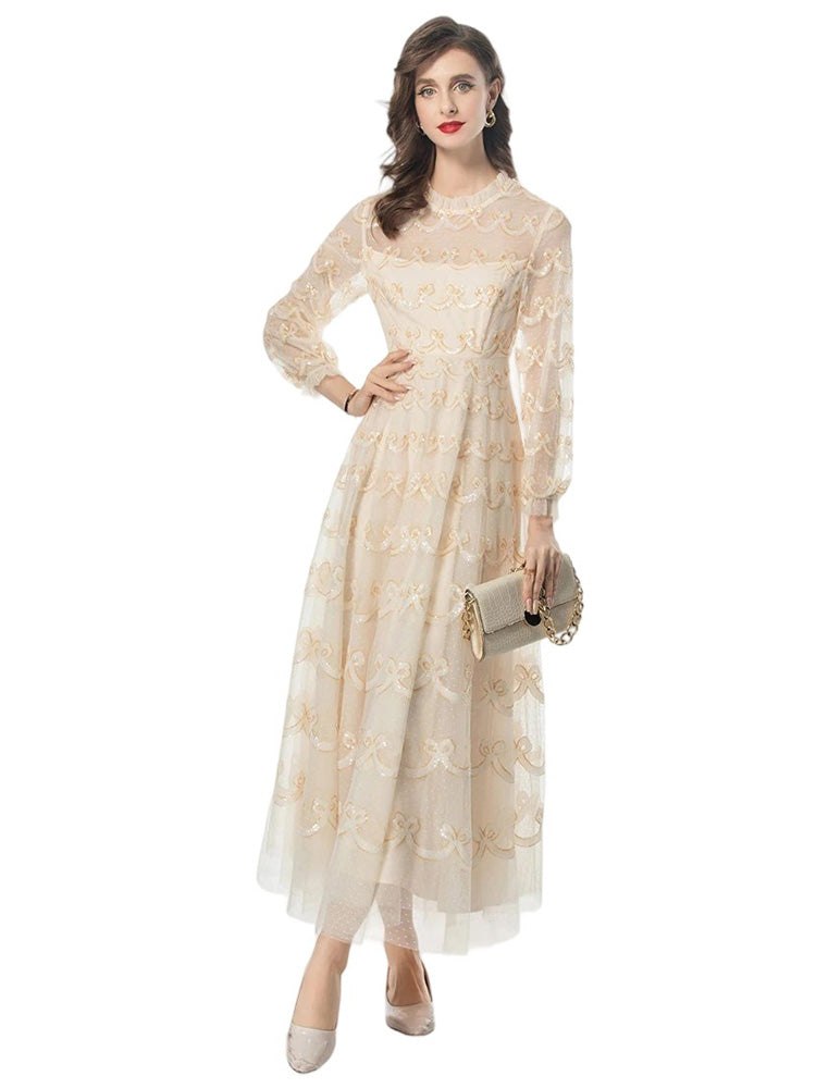Temperament Retro Mesh Sequin Polka Dot Embroidery Princess Dress