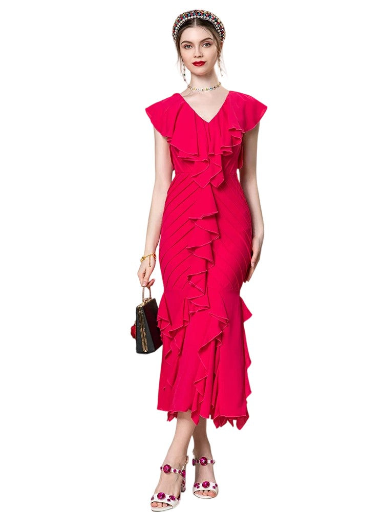 V-neck irregular stitching dress