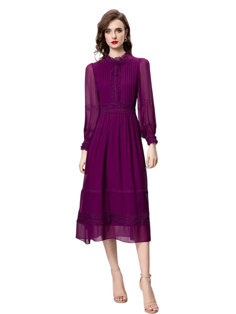 Chiffon Lace Vacation Dress with Draped Flutter Sleeves