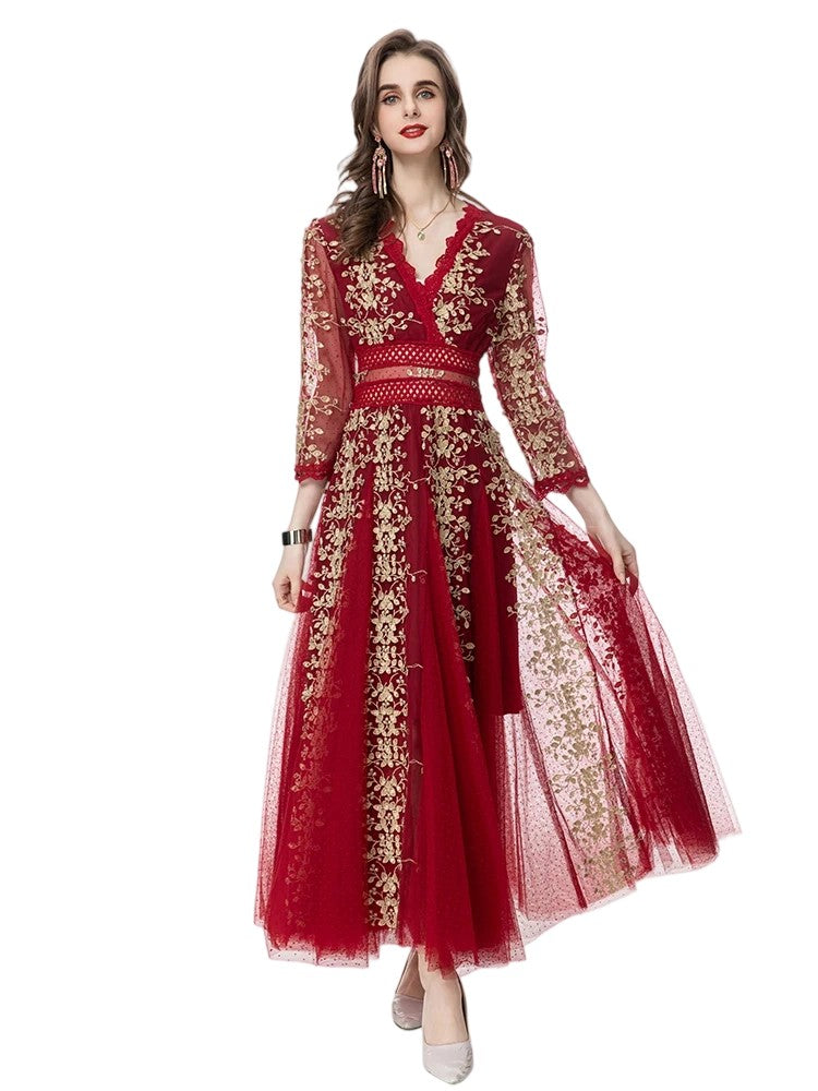 Summer V-neck flower embroidered dress