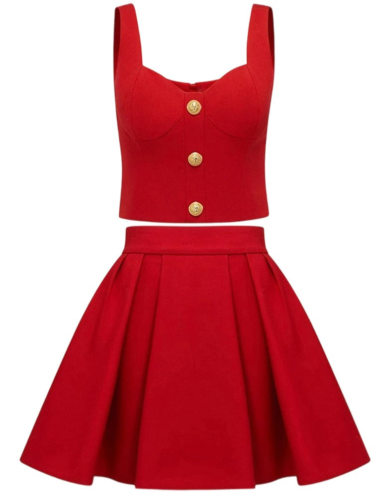 Suspender single-breasted top + spliced skirt two-piece set
