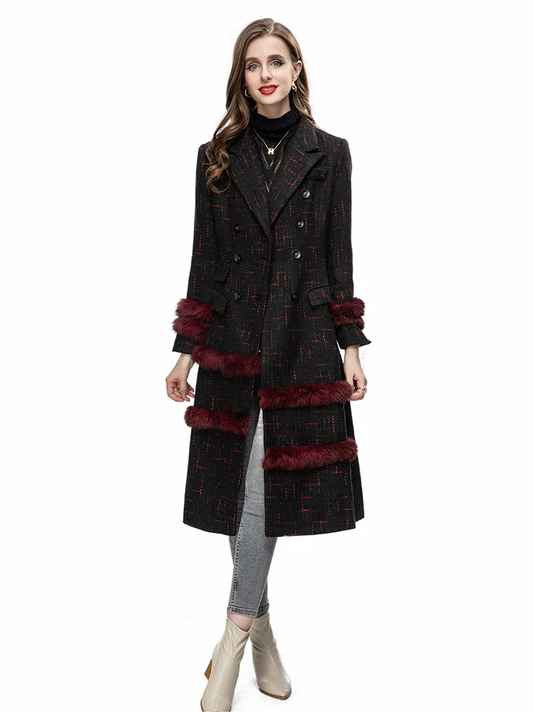 New Style Runway Designer Overcoat Women's Wintertime Double-Breasted Slim Fit Plush Print Outerwear