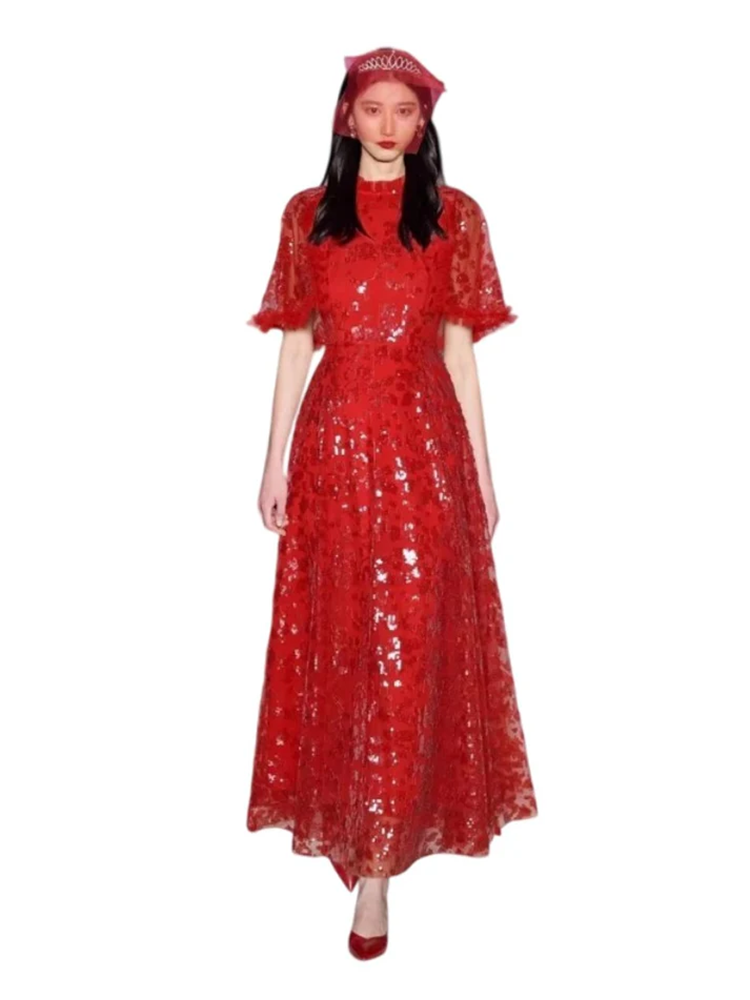 Short-sleeved mesh sequined slim dress new summer style