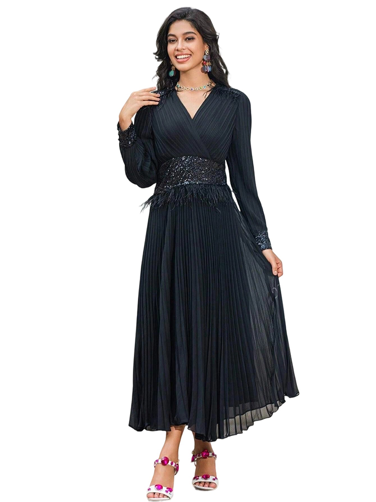 Long Black Black V-Neck Feather Sequins Prom Chiffon Dress