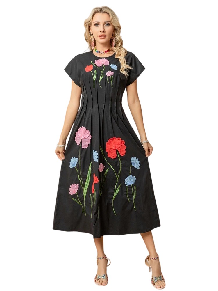 A retro embroidered midi dress with breezy A-line skirt