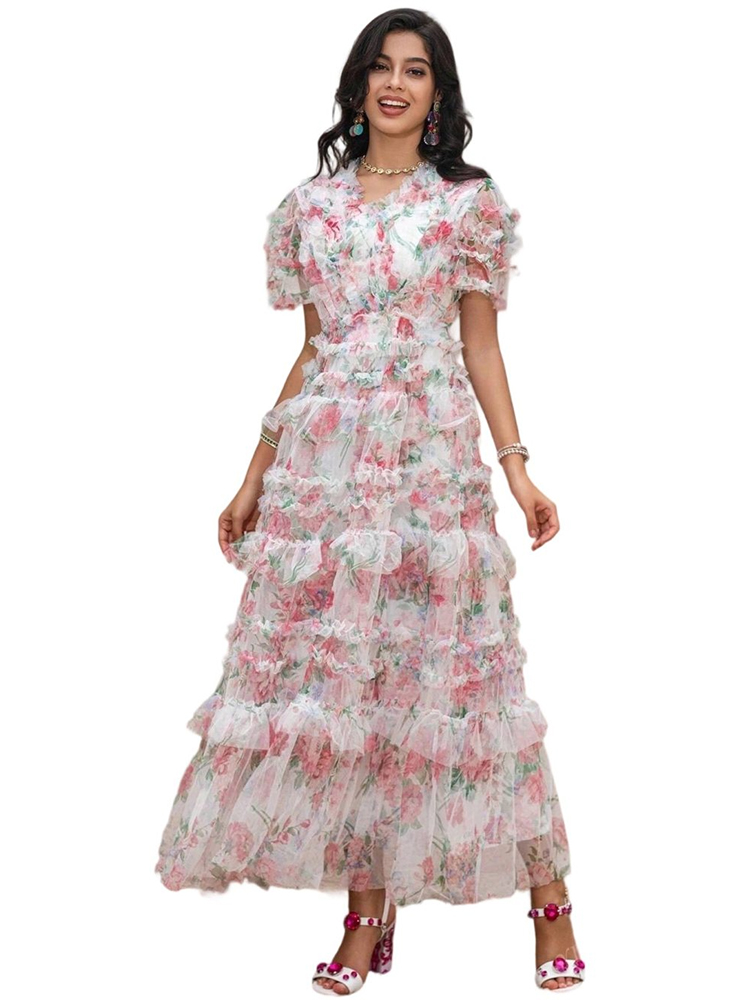 Customized high-end printed deep V-neck dress with waist