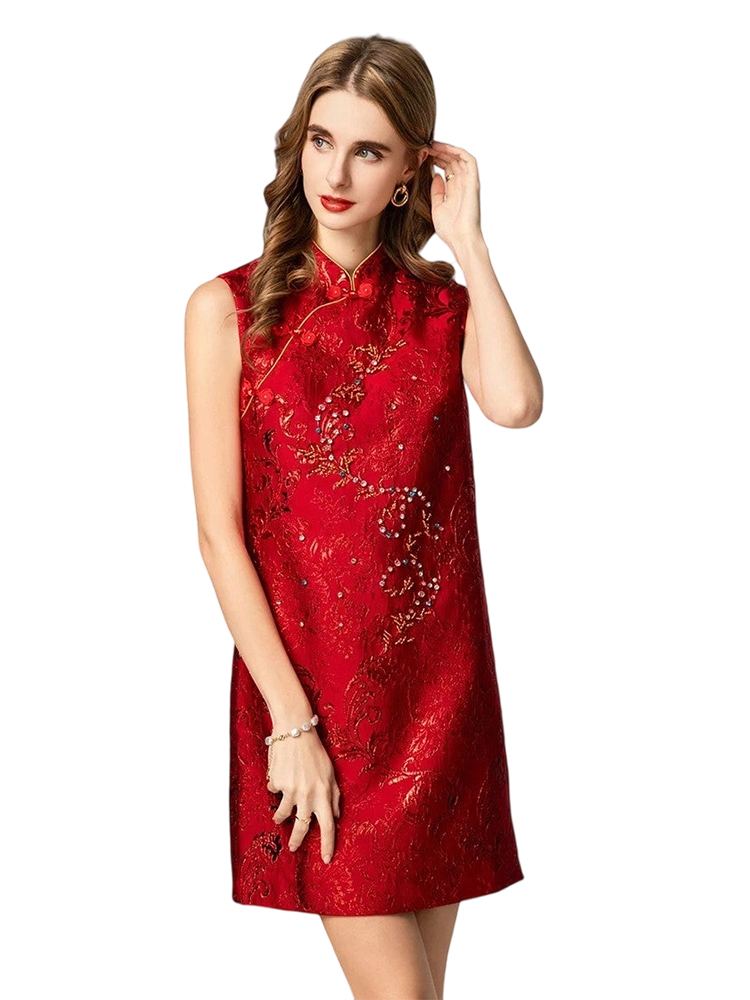 Chinese style shiny beaded knee-length loose dress