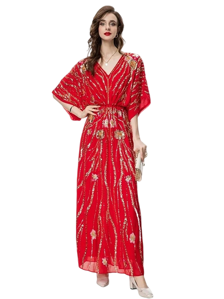 Bohemian cotton floral embroidered sequined beaded waist dress