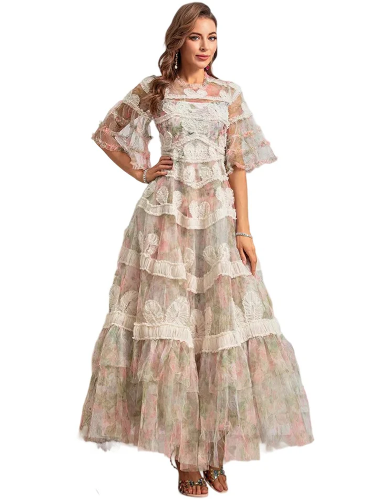 Bohemian floral print mesh dress with sexy ruffles