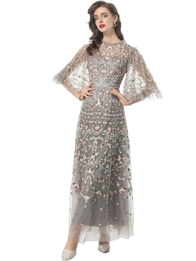 Vintage painted mesh flower embroidery beaded sequined gorgeous dress