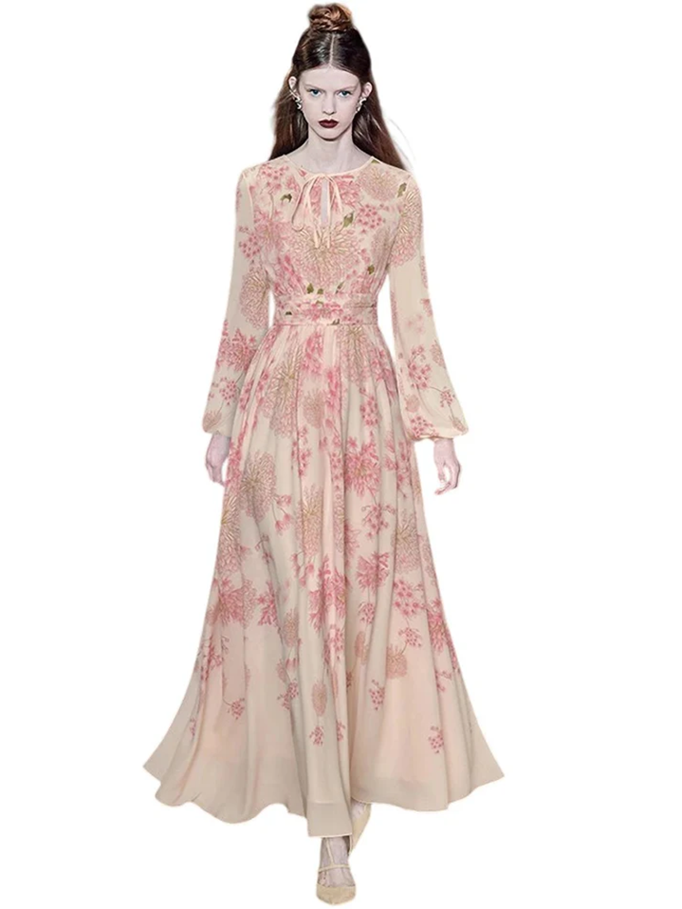 Autumn and winter long-sleeved high-waisted printed dress
