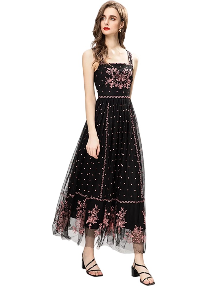 Vintage Butterfly Embroidered Spaghetti Strap Halter Dress