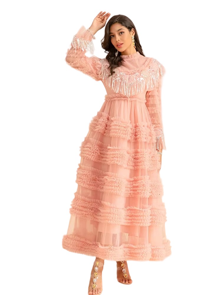 Autumn Winter Glitter Ruffled Pink Luxury Dress