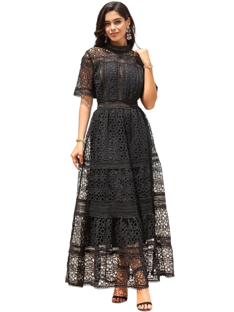 Hollow embroidery black long retro party dress