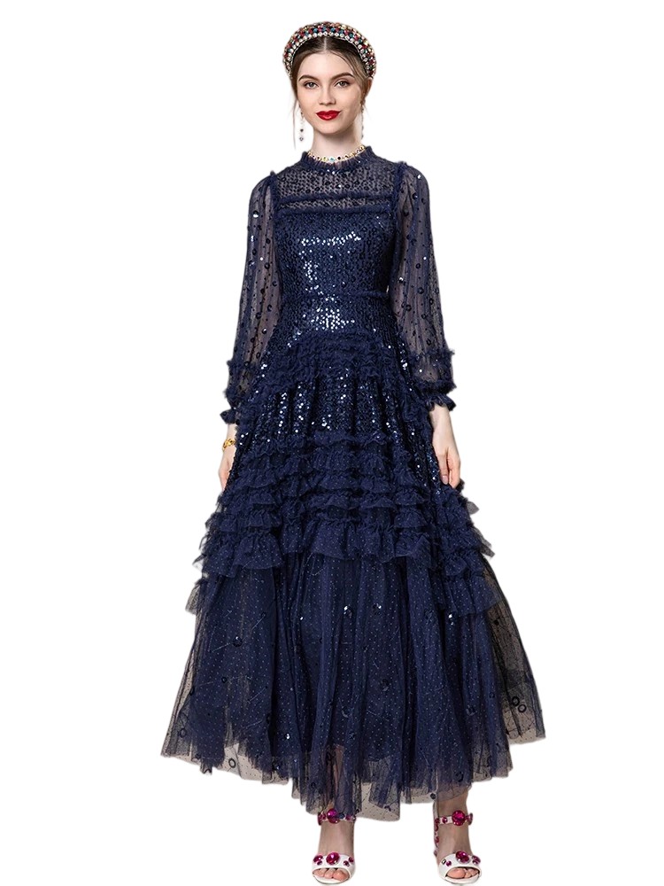 Sequined tiered ruffled lace maxi skirt