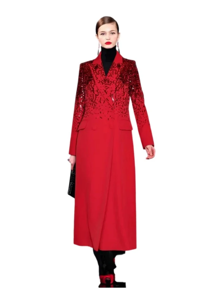 Autumn and winter notched long-sleeved double-breasted sequined jacket