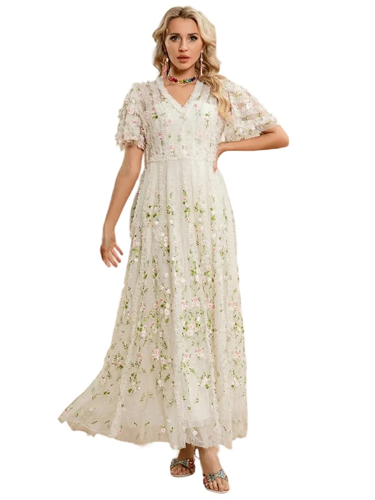 V-neck dress with plant and flower 3D embroidery