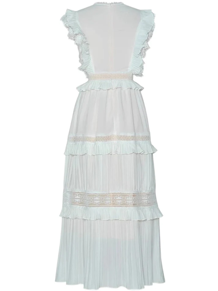 V-neck sleeveless ruffled hollow lace waist pleated long dress