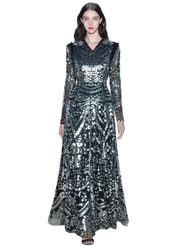 V-neck long-sleeved high-waist mesh sequined slim-fit dress
