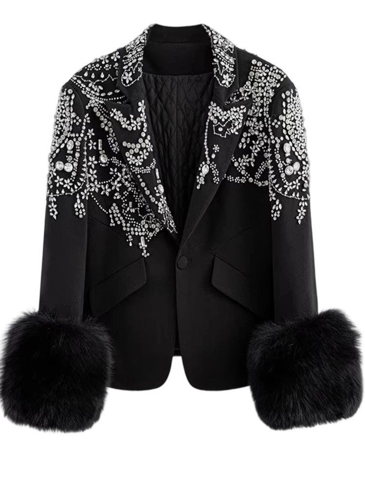 Patchwork woolen beaded button loose coat