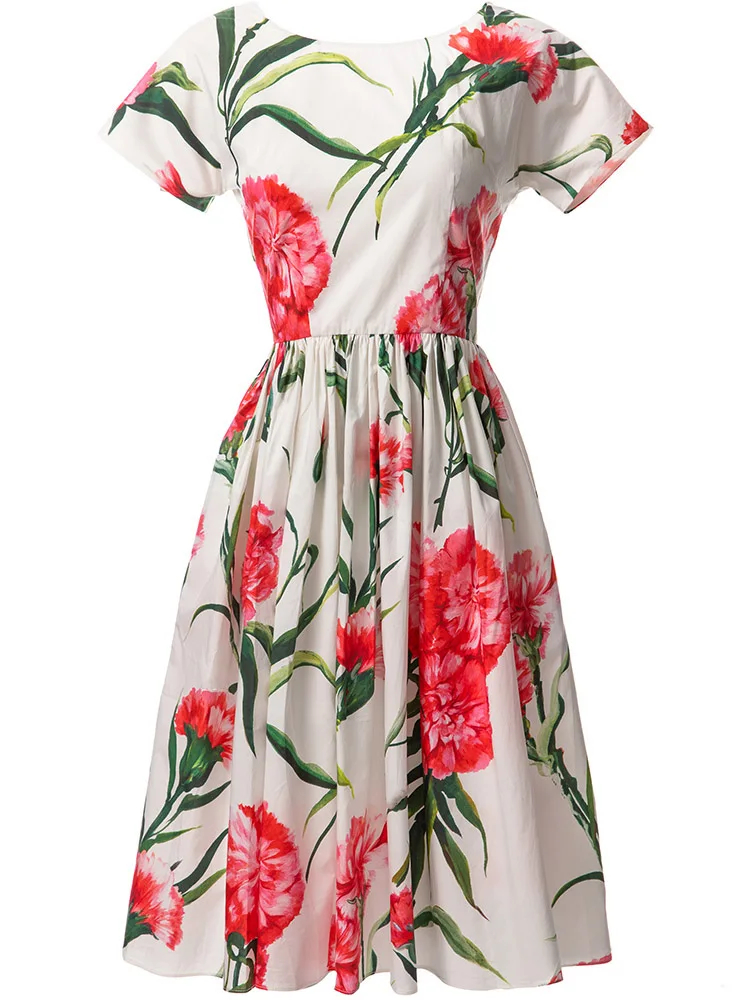 Women's Short Sleeve High Waist Floral Print Elegant Holiday Party Dress