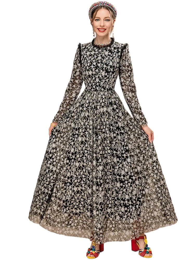 Long Sleeve Floral Embroidery Black Vintage Elegant Party Maxi Dress