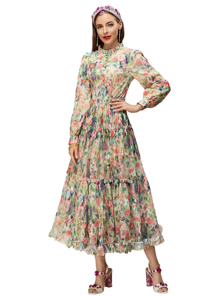 Long-sleeved single-breasted printed patchwork pleated slim dress