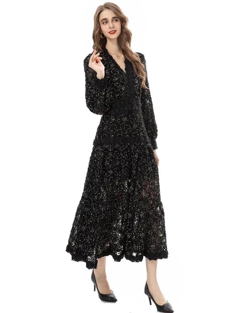 V-neck lantern sleeve hollow embroidery retro party dress