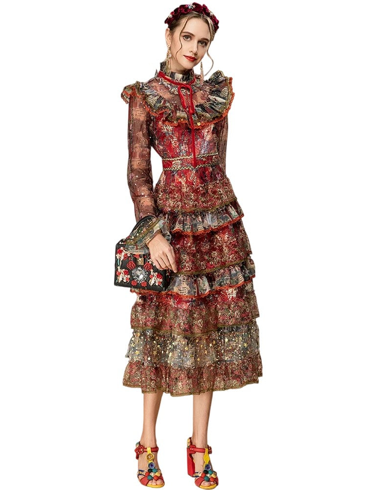 Bell Sleeve Lace Sequin Ruffle Mesh Print Retro Dress