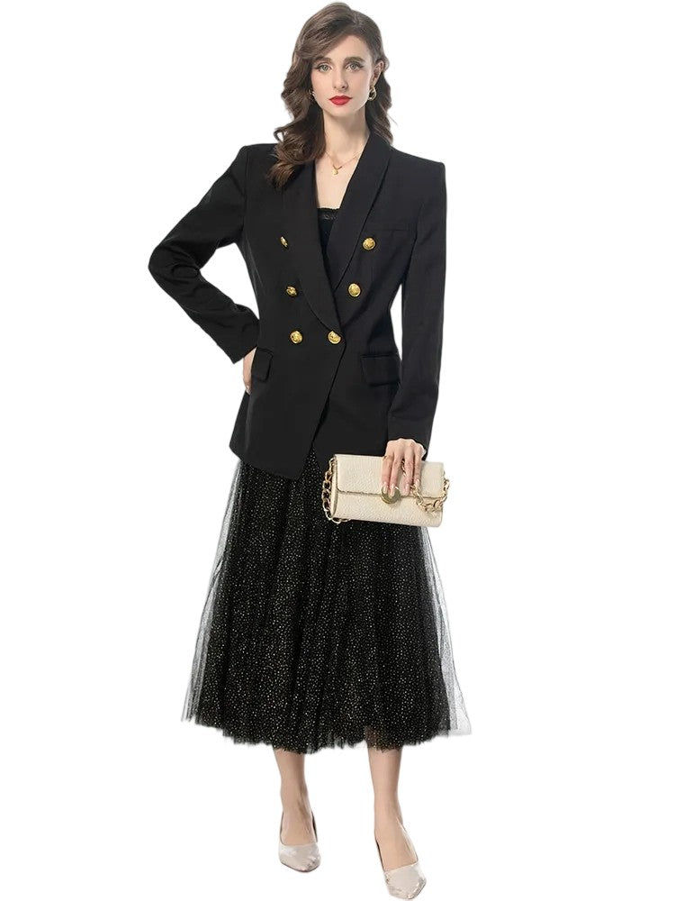 Luxury skirt suit double-breasted suit + mesh sequin skirt two-piece suit