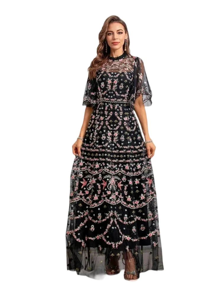 Heavy-drilled sequined lace stitching round neck dress