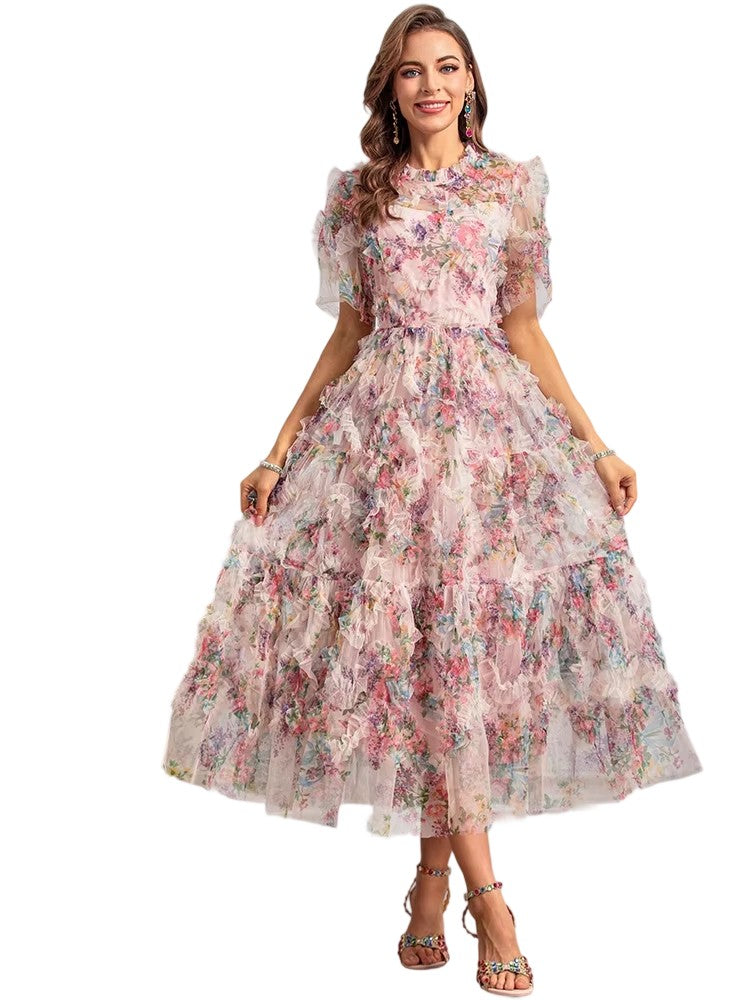 Bohemian floral print mesh layered ruffle sexy dress