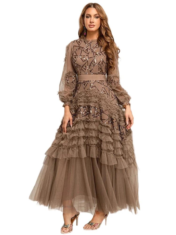 Retro long-sleeved ruffled lace stitching round neck draped dress