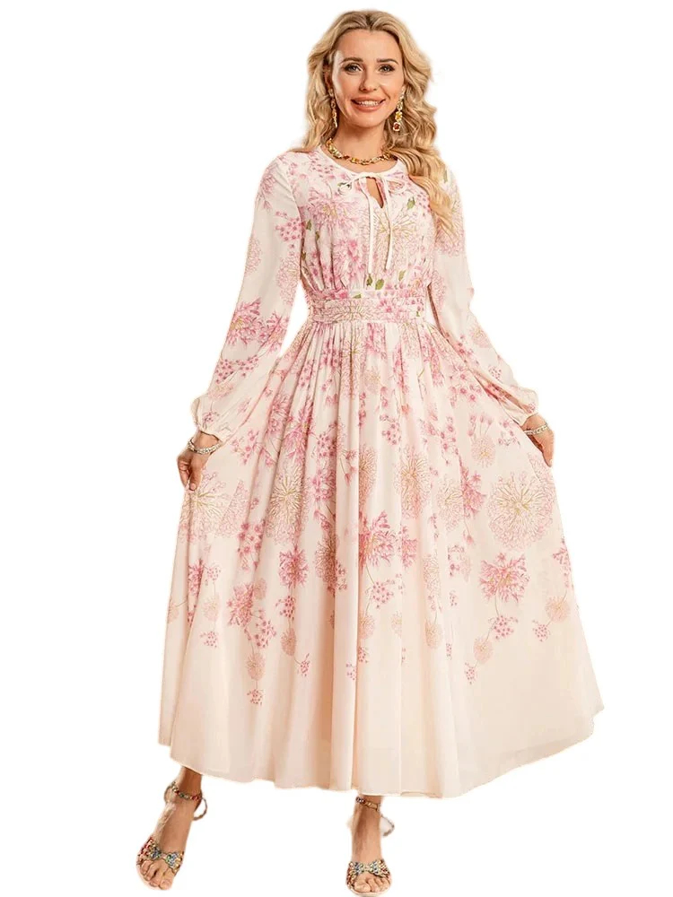 Round neck tie French exquisite print long sleeve waist dress