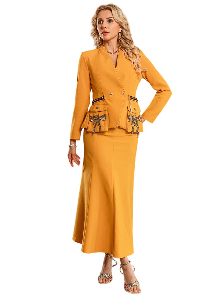 V-neck beaded pocket top + hip-wrapped fishtail skirt set