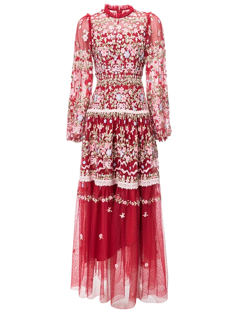 Round neck luxurious embroidery patchwork slim and elegant lace long skirt