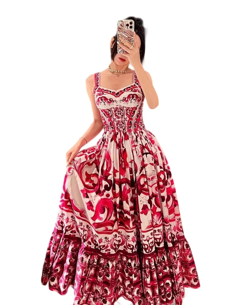 Spaghetti Strap Printed Bohemian Resort Long Open Back Dress